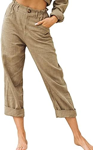 Calças de linho para mulheres calças largas de pernas larga Capri Capri Capri Cantura elástica Botão solta e solta