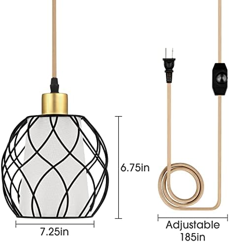 Conecte a luz pendente, as luzes de lustres pendurados da fazenda preta com tom de linho, cordão de algodão dourado de 15 pés, lâmpada