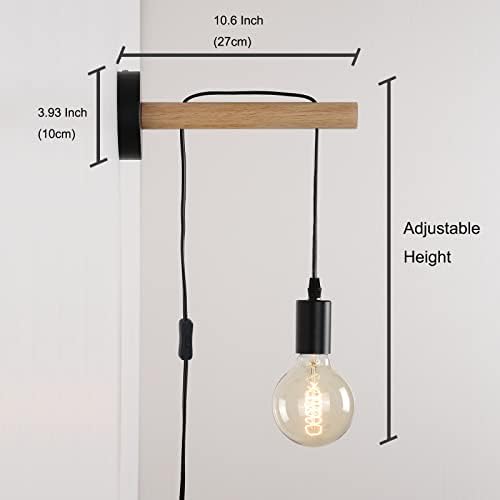 ANLAMPHA Black Plug em arandelas de parede, lâmpada de parede com braço de madeira natural e altura ajustável, luminária montada na parede com plugue de 7 pés, base E26, UL listado