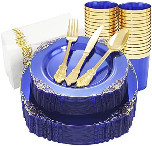Nervura 175pcs Placas plásticas azuis transparentes - Placas de plástico de ouro incluem placas de 25dinner, placas 25dessert, 25 cups, 25forks, 25knives, 25spoons, 25napkins para casamentos e festas