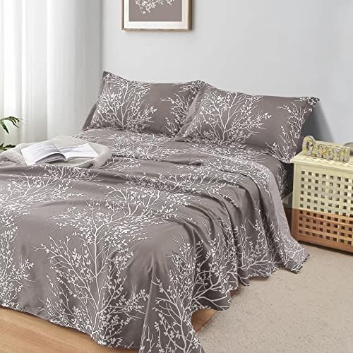 Cinza Botânico Setra Queen, 4 peças Folha de padrão de ramificação Folha de cama ajustada para roupas de cama com travesseiros Microfibra