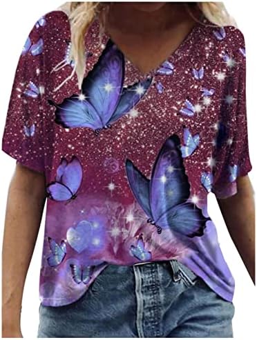 Camiseta de algodão do outono de verão para mulheres de manga curta 2023 V pescoço borboleta floral Blusa de brunch
