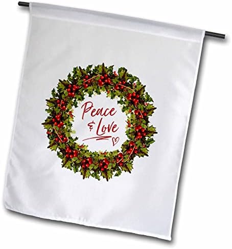 3drose Peace and Love - Greante de azevinho com texto vermelho em fundo branco - Bandeiras