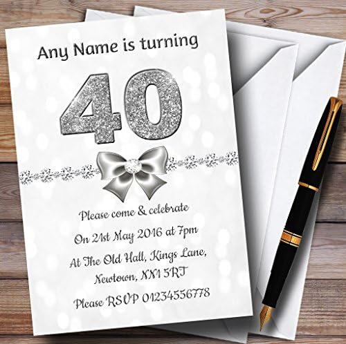 O card zoo white bokeh e prata glitter look 40º convites de festa de aniversário personalizados