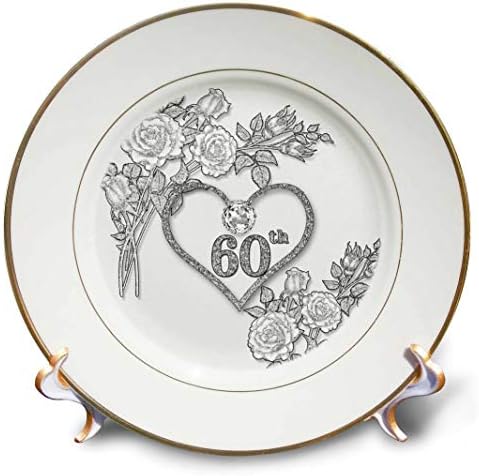 3drose 60th Diamond Wedding Anniversary Word Art With Heart On Linen White Plate, 8