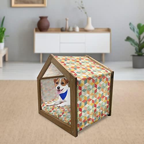 Casa de animais de estimação de madeira geométrica lunarável, formato de diamante Rhombus Patchwork Design formando mosaicos hexágonos