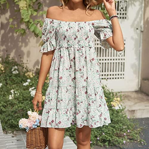 Vestidos de pescoço quadrado de verão feminino vestidos de manga curta estampa floral plufle mini vestido casual flowy