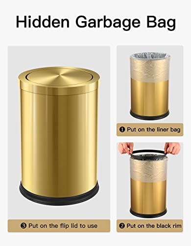 Jinycome 2,6 galões de lixo de banheiro de ouro com tampa, lixo pequeno lixo de lata de lixo para quarto, sala de estar, cozinha