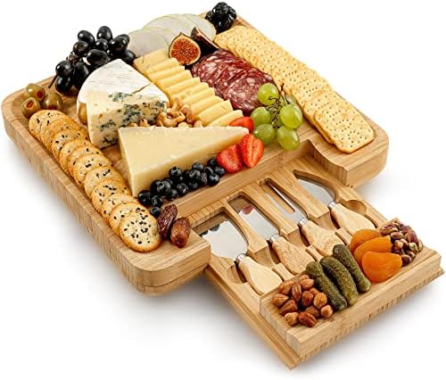 Zulay Kitchen Premium Bamboo Cheese Board Set - Placa de charcutaria de bambu extra grossa Conjunto com faca de 4 peças -