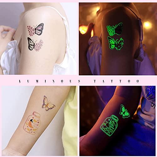 Ooopsiun luminoso tatuagem temporária de borboleta para meninas - 12 lençóis brilham no escuro adesivos de borboleta favorece