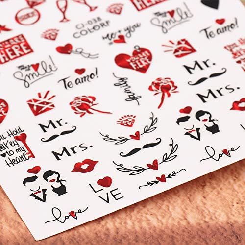 Adesivos de unhas do dia dos namorados, 3D Auto-adesivo Red Decalques de unhas de vilitadores Rose Beijo Love Heart Valentine