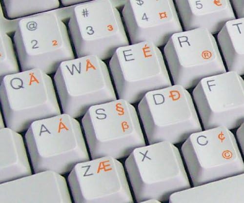 Layout de etiquetas internacionais de teclado em inglês dos EUA com letras laranja de fundo transparente