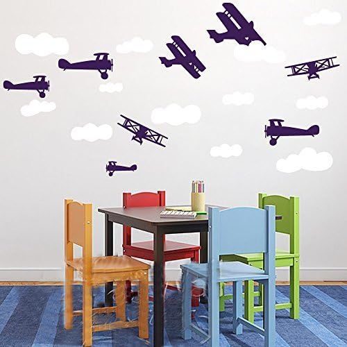 Decalques de parede de berçário aviões e nuvens definir decalques de salas de jogo decoração de parede de vinil de vinil planos de ar quarto