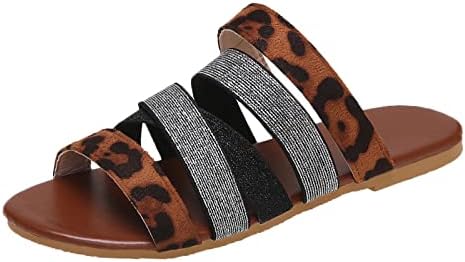 Sandálias femininas 2023 Moda de verão deslizamento plano em tiras transversais de leopardo abrem slides de ponta casual