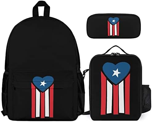 Mochilas do coração de porta -bandeira de Porto Rico para viagens de viagens escolares impressões de tampa de bookbag