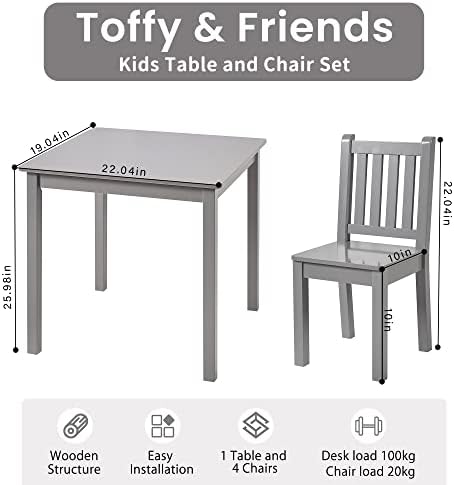 Toffy & Friends Criandler Table and Cadeiras Conjunto de mesa e cadeira cinza para crianças com 2 cadeiras móveis infantis ideais para desenho de artesanato de artes de leitura, sala de jogos