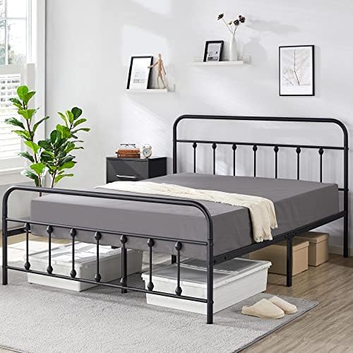 Yaheetech Classic Metal Platform Bed Frame Fundação com estilo de ferro de ferro vitoriano Cabeira/Footboard/Under Bed Storage/sem caixa de mola necessária/size queen Black