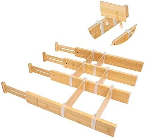 Sistema de divisores de gavetas de bambu de atualização de Aishiy, organizadores de gavetas ajustáveis, sistema de organização de utensílios expansíveis para cozinha, cômodas e banheiro, 4 divisor com 6 inserções e 12 clipes de divisor （17-22in）