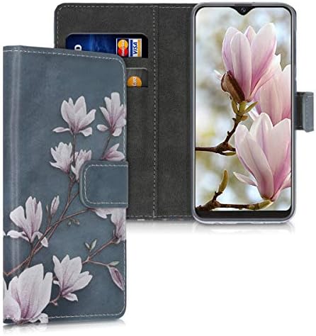 Caixa da carteira Kwmobile Compatível com Samsung Galaxy A10E - Case Faux Leather Cover - Magnolias taupe/branco/azul cinza