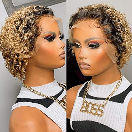 HJ Weave Beauty 8 polegadas Pixie Cut Wigs para mulheres negras Cabelo humano 13x1 Cabelo humano dianteiro de renda 150% Densidade preta e laranja