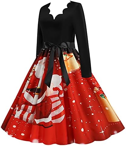 Vestido de Natal vintage feminino Xmas Rockabilly Cocktail Party Dress V pescoço de manga longa Sra. Papai Noel vestidos com cinto