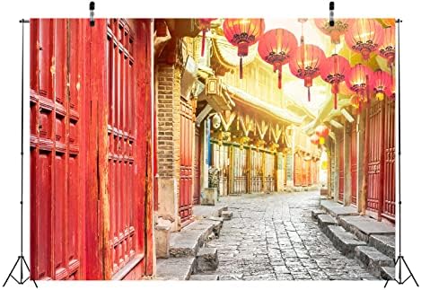 BELECO 5x3ft Fabric chinese Old Town Backdrop Portas vermelhas Lanternas vermelhas Becketing Alley para o ano novo decoração