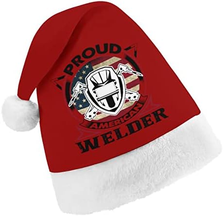 Orgulhoso soldador americano de soldador de natal chapéu travesso e lindos chapéus de Papai Noel com borda de pelúcia e decoração