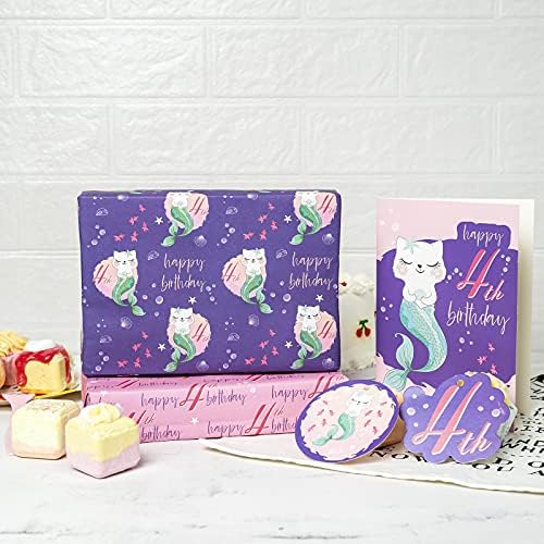 Biobrown Feliz 4º aniversário de embrulho lençóis de papel para meninas, incluindo cartões de felicitações e etiquetas de presente para desejos de aniversário - 2 folhas planas