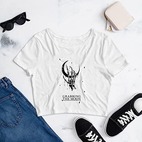 Camisas de colheita para mulheres esqueleto e lua Tees impressa camisa Vintage Camiseta casual de verão Tops de pulôver casual