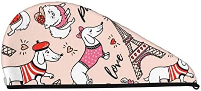 Wowbed parisiense dachshund e eiffel Tower Towel Toalha de secagem com botão, toalha de cabelo de microfibra, chapéu de cabelo seco, cabelos de banho Turbante de cabelo seco rápido para secar cabelos cacheados, longos e grossos