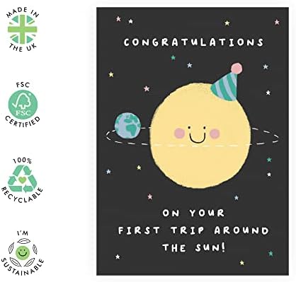 Cartão de aniversário de 1º aniversário - cartão de aniversário infantil Idade 1 - Planetas espaciais - Primeiro cartão de aniversário