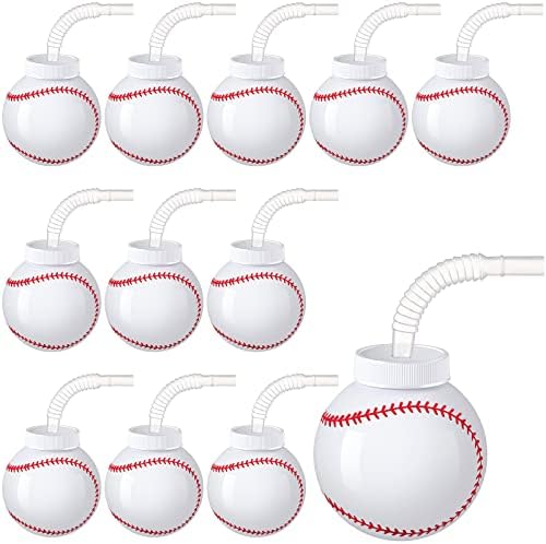 12 PCs Baseball Ball Shapes Copo a granel com canudos e tampas, copos de festa de beisebol de 10 onças de 10 onças favores de
