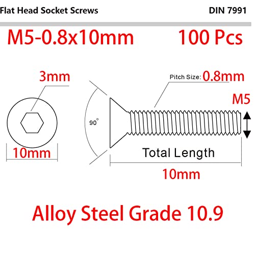 M5-0,8 x 10mm parafusos de tampa de cabeça plana, aço de liga de aço 10.9, DIN 7991, óxido preto, tração hexadecimal