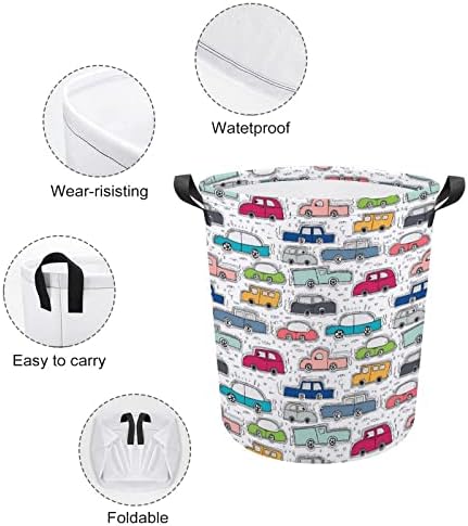 Cesta de lavanderia desenhada carros doodle cesto de lavanderia com alças Saco de armazenamento de roupas sujas dobráveis ​​para quarto, banheiro, livro de roupas de brinquedo