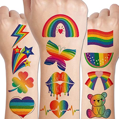 Charlent glitter arco -íris tatuagens temporárias - 140 PCs Glitter Pride Tattoos Butterfly Heart Rainbow Tattoos para favores de festa do Pride