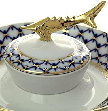 Lomonosov Rússia Imperial Porcelana Beluga Caviar Dish Cobalt Net