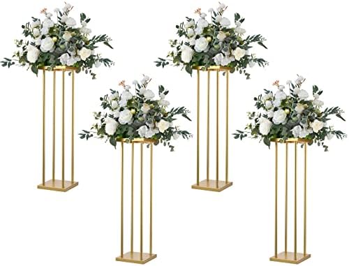 Pacote de 4 suporte geométrico de flor de metal dourado para a mesa de peça de peça de peça de peça central, coluna de vaso