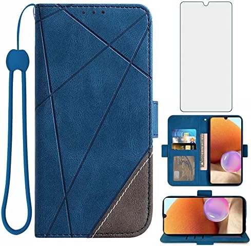 ASUWISH compatível com a caixa da carteira Samsung Galaxy A32 4G e a tela de vidro temperado Pulseira de pulso tira do cartão de lixeira