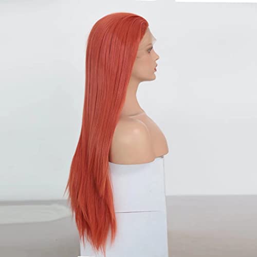 Rongduoyi rdy laranja laranja longa e sedosa reta renda de renda frontal perucas para mulheres cabelos de fibra de calor