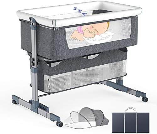 Bassinet de bebê, dorminhoco à beira da cama, berço de cabeceira para bebê, berços portáteis de bebê, 6 altura ajustável na cama de bebê, cama dobrável para a cama para infantil/bebê/recém -nascido, com redes de mosquito, colchões confortáveis ​​(