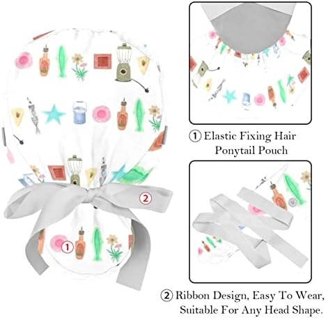 Bapa de trabalho de flor retro com botão e banda de moletom, 2 pacotes reutilizáveis ​​Cirurgia cirúrgica Chapéus do rabo de