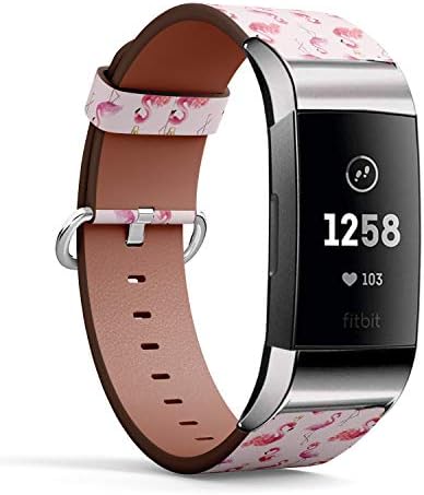 Compatível com Fitbit Charge 3 e 3 SE - Banda de acessório de pulseira de pulseira de couro - aquarela de flamingo em