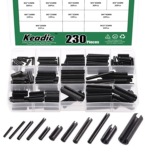 Keadic 230pcs Black Slotted Roll Pin Settment Set, m2 m3 m4 m5 m6 m8 m10 tamanhos de métrica de metal pinos de tensão