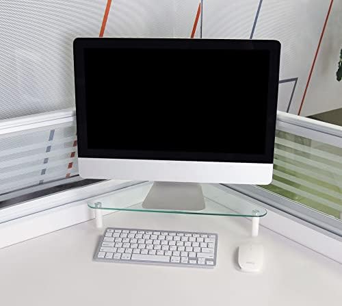 Kantek Corner Desk Computer Monitor Stand Stand Riser, plataforma de vidro temperado de 5 mm, segura até 40 libras, armazenamento