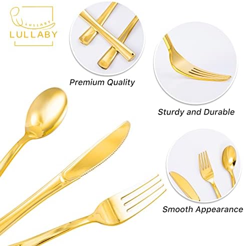 Lullaby 320pcs talheres de plástico ouro, talheres descartáveis ​​de ouro incluem 120 garfos, 100 colheres, 100 facas, talheres
