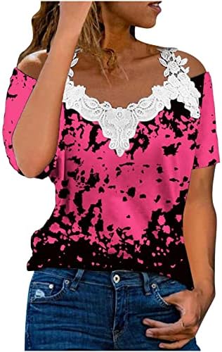 Camisetas pullover feminino primavera no verão de renda estampada casual manga curta V camiseta de pescoço blusa