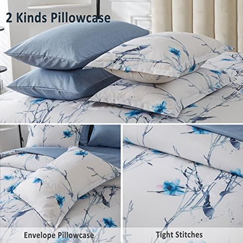 Luxudecor Botanical Bed em uma bolsa King Size 7 peças, edredom de padrão de flor e ramo azul e conjunto de lençóis, cama de microfibra macia Conjunto de roupas de cama completo para toda a estação