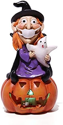 Figuras de Hodao Halloween, decoração de bruxa e abóbora de Halloween de 5,7 polegadas de resina, com luzes LED, decoração de