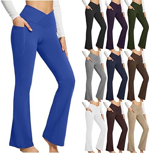 usecee feminino bootcut ioga calças flageings com bolsos v crossover alta cintura leggings barriga de controle calças de treino