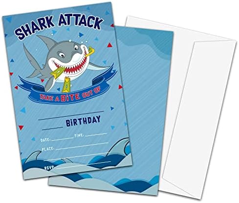 Convites de aniversário temáticos de ataque de tubarão Tirywt, convites de festa de aniversário em estilo de preenchimento